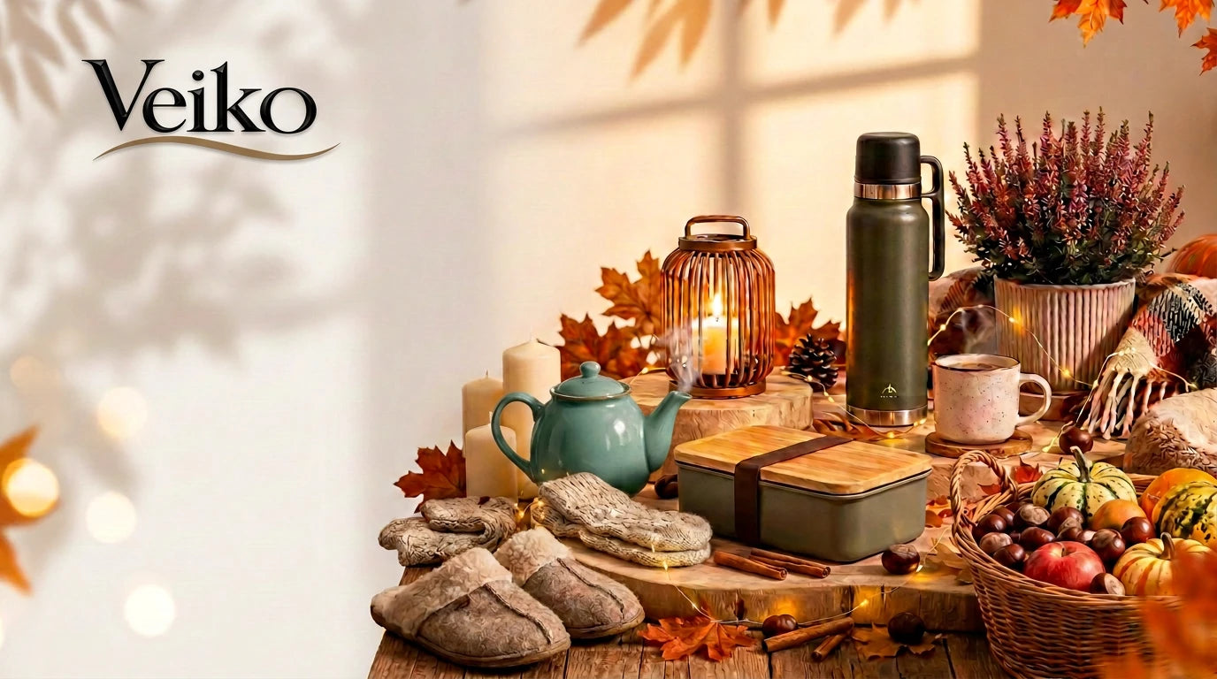 Herfstsfeer van Veiko: thermosfles, lantaarn, mok en warme sloffen op een houten tafel